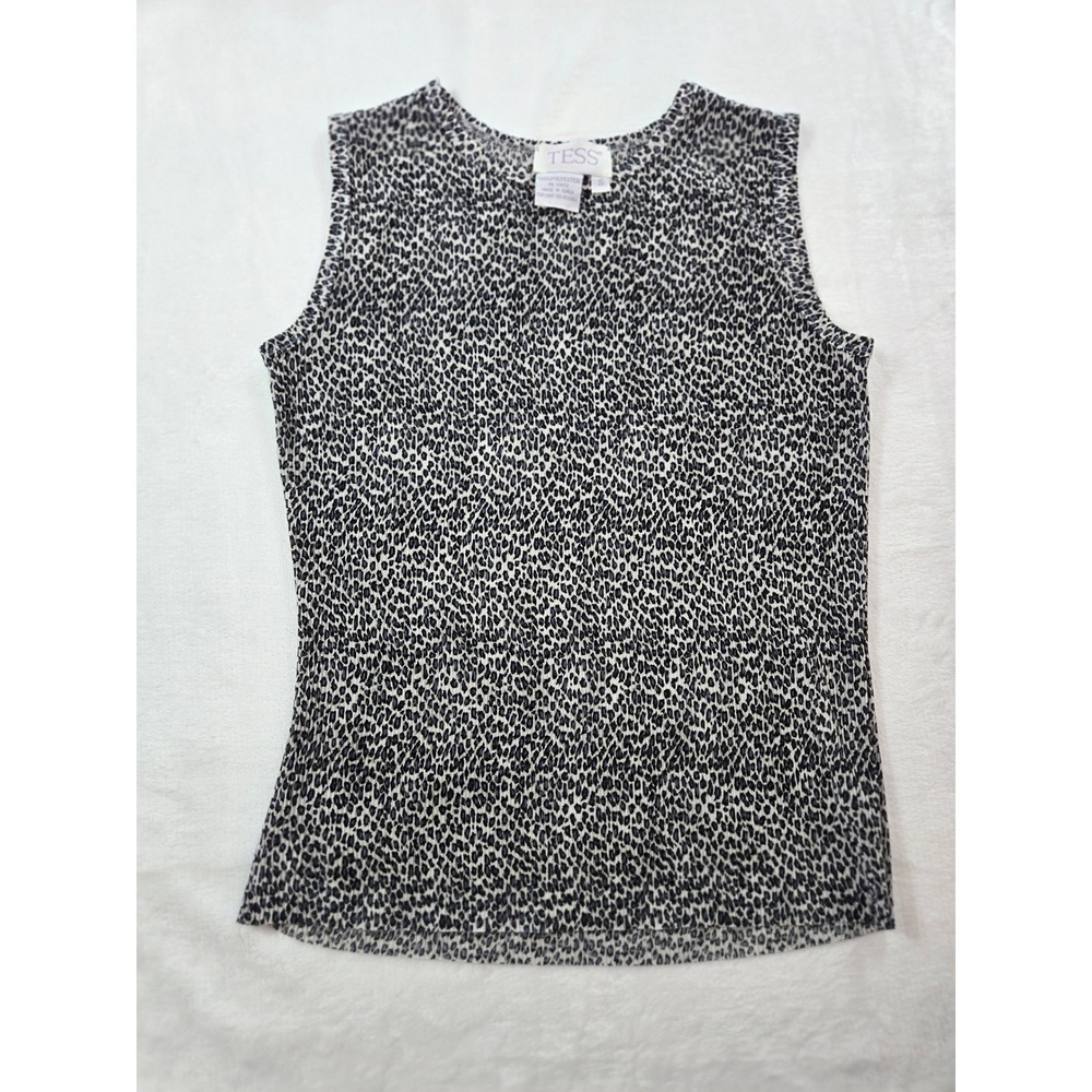 Tess Womens Small Black White Micro Leopard‎ Print Plisse Sleeveless Shell Top